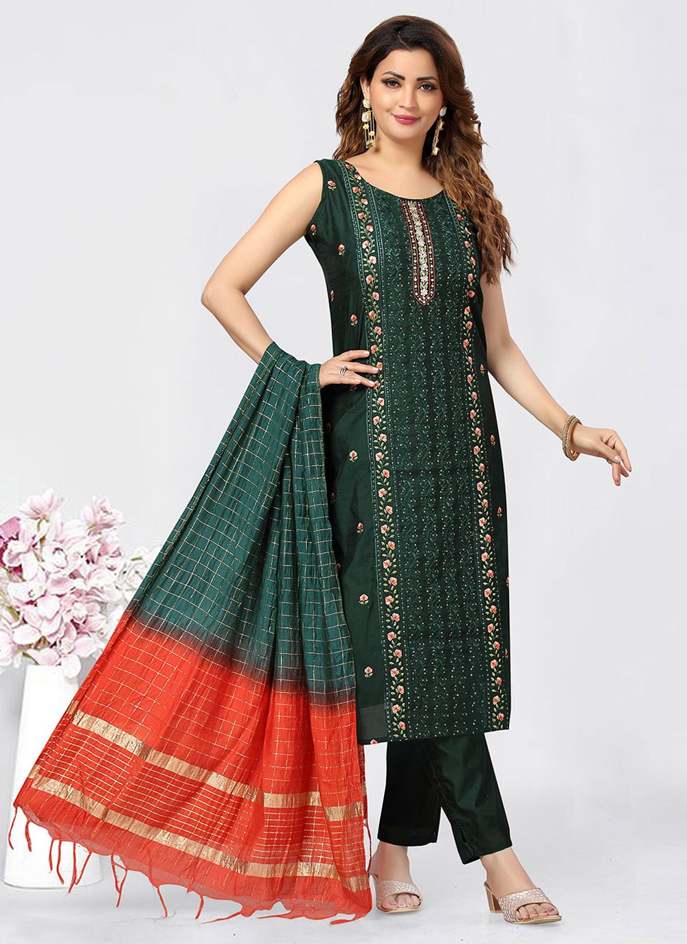 Salwar Suit Art Silk Green Embroidered Salwar Kameez