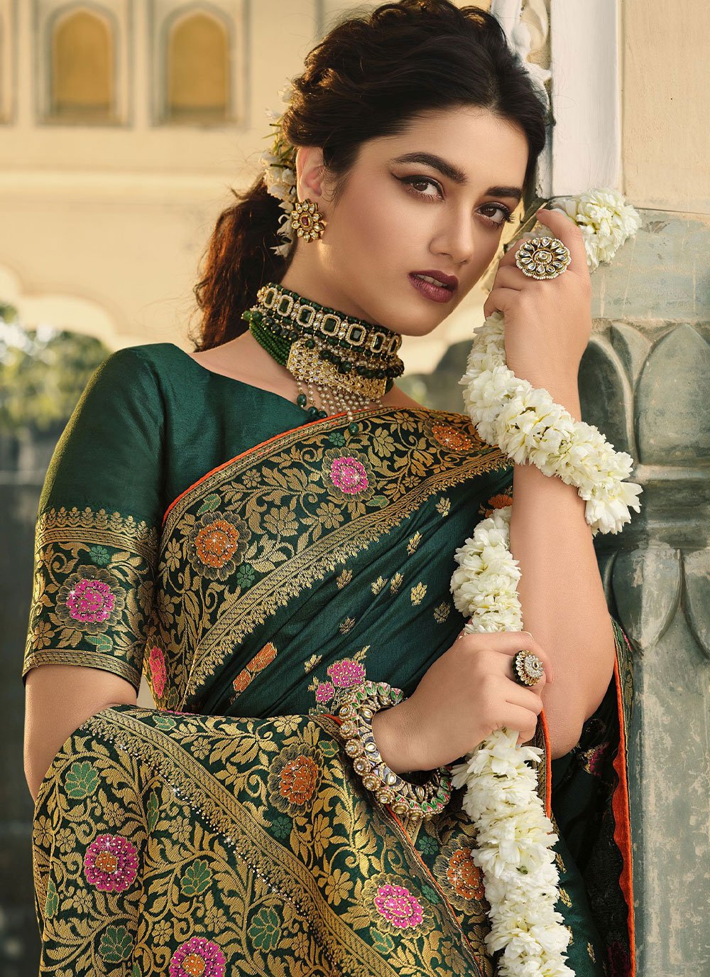 Trendy Saree Banarasi Silk Green Swarovski Saree