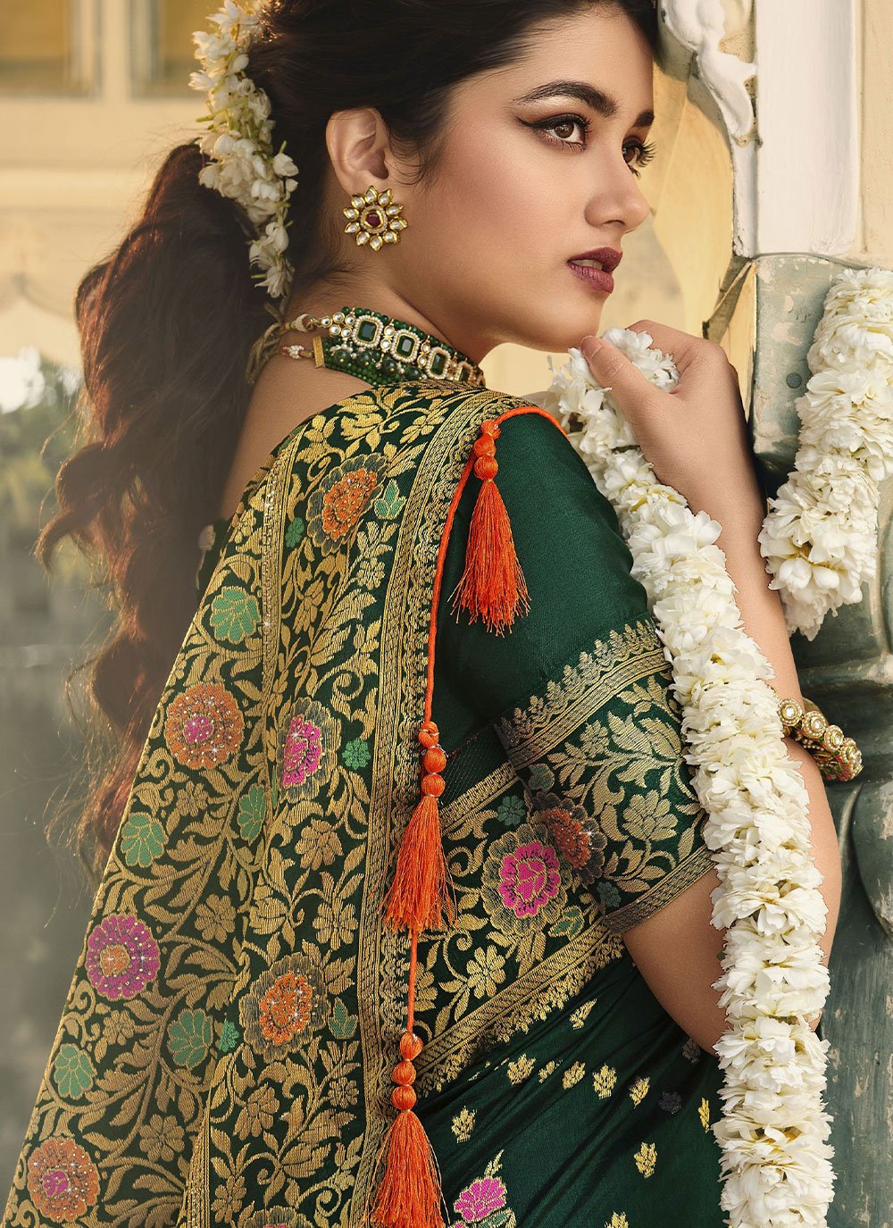 Trendy Saree Banarasi Silk Green Swarovski Saree