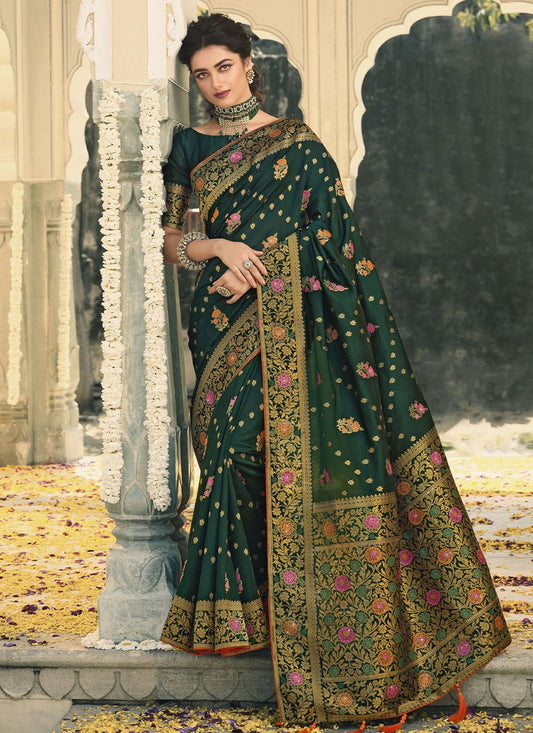 Trendy Saree Banarasi Silk Green Swarovski Saree