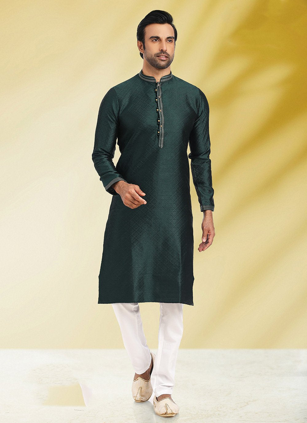 Kurta Pyjama Jacquard Green Fancy Work Mens