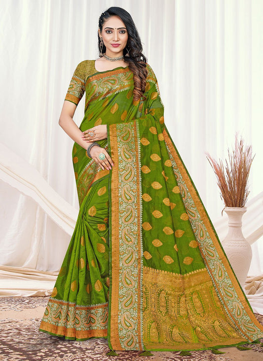 Classic Organza Green Fancy Work Saree