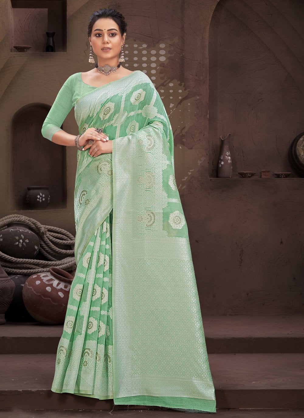 Trendy Saree Cotton Green Fancy Work Saree