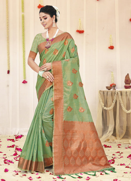 Designer Organza Green Fancy Work Saree