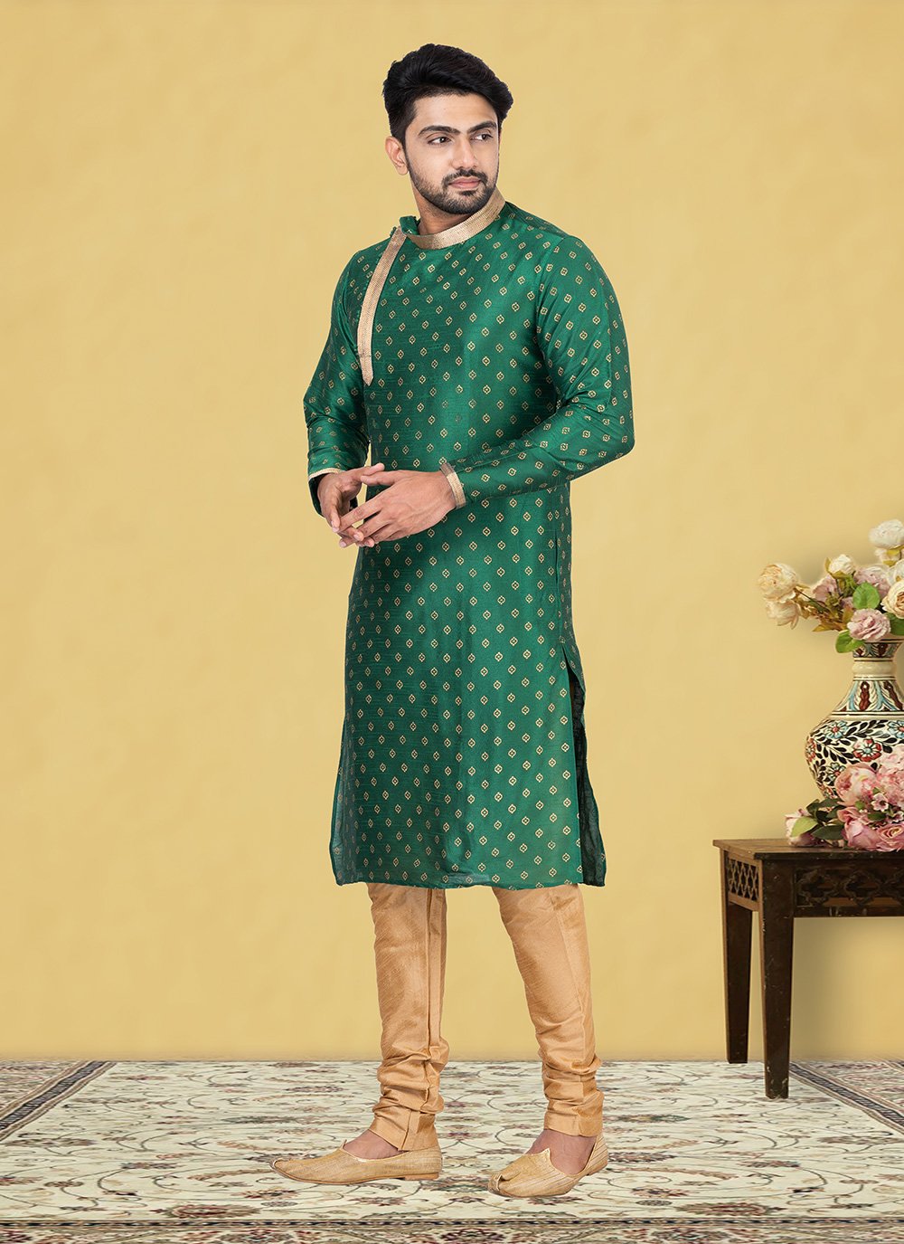 Kurta Pyjama Dupion Silk Green Fancy Work Mens