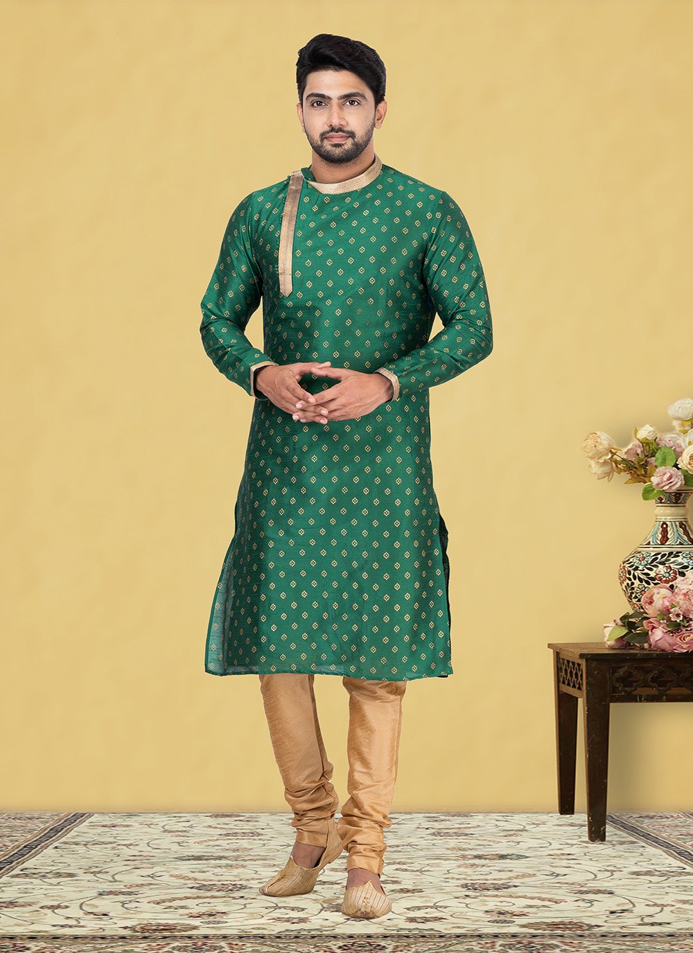 Kurta Pyjama Dupion Silk Green Fancy Work Mens