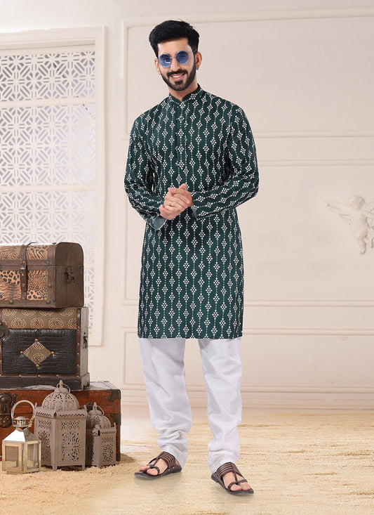 Kurta Pyjama Cotton Green Fancy Work Mens