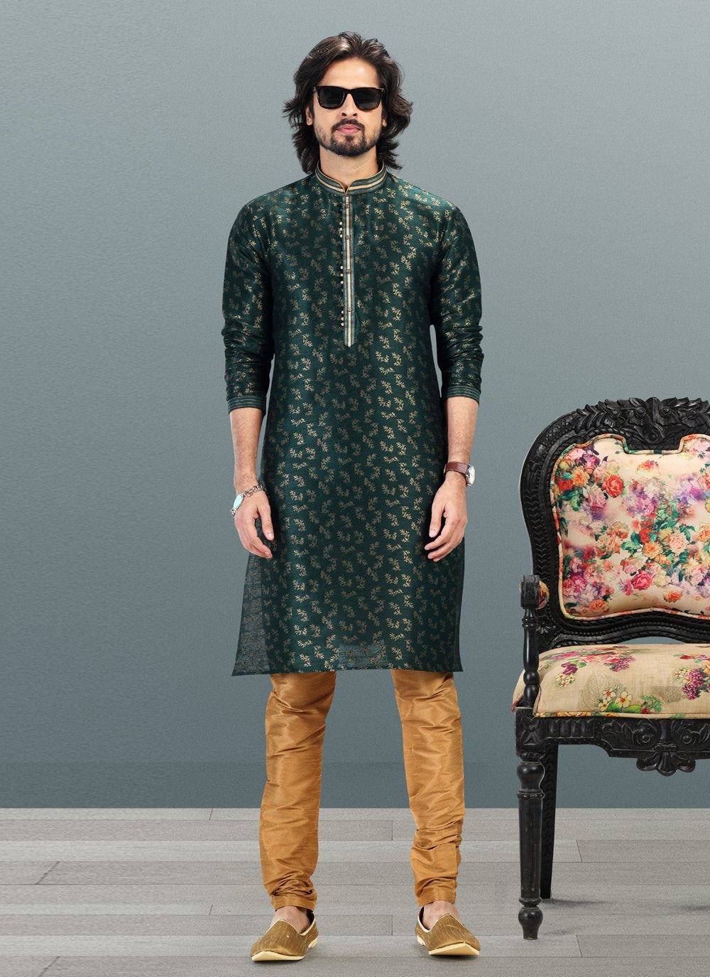 Kurta Pyjama Banarasi Silk Jacquard Green Fancy Work Mens