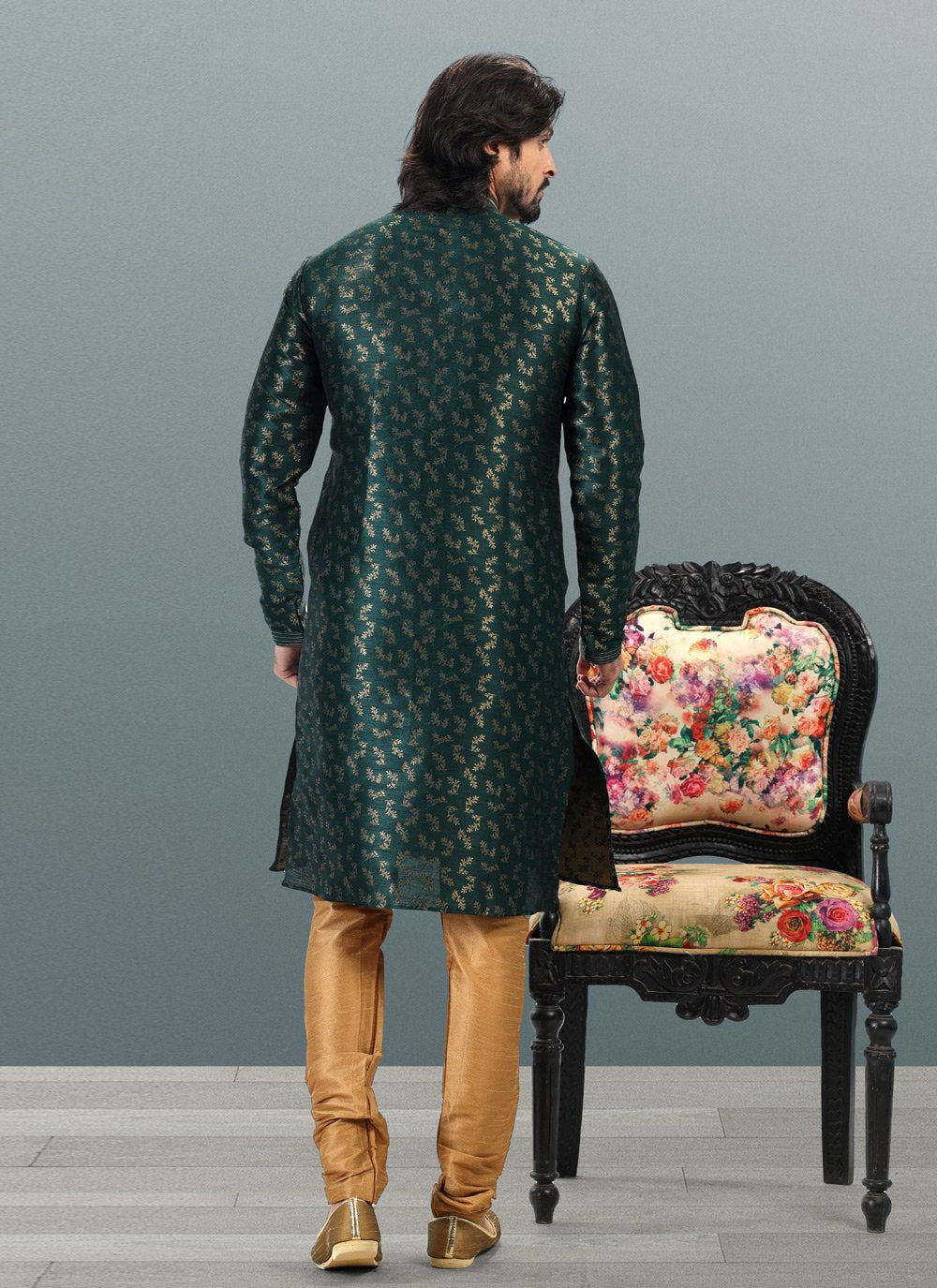 Kurta Pyjama Banarasi Silk Jacquard Green Fancy Work Mens