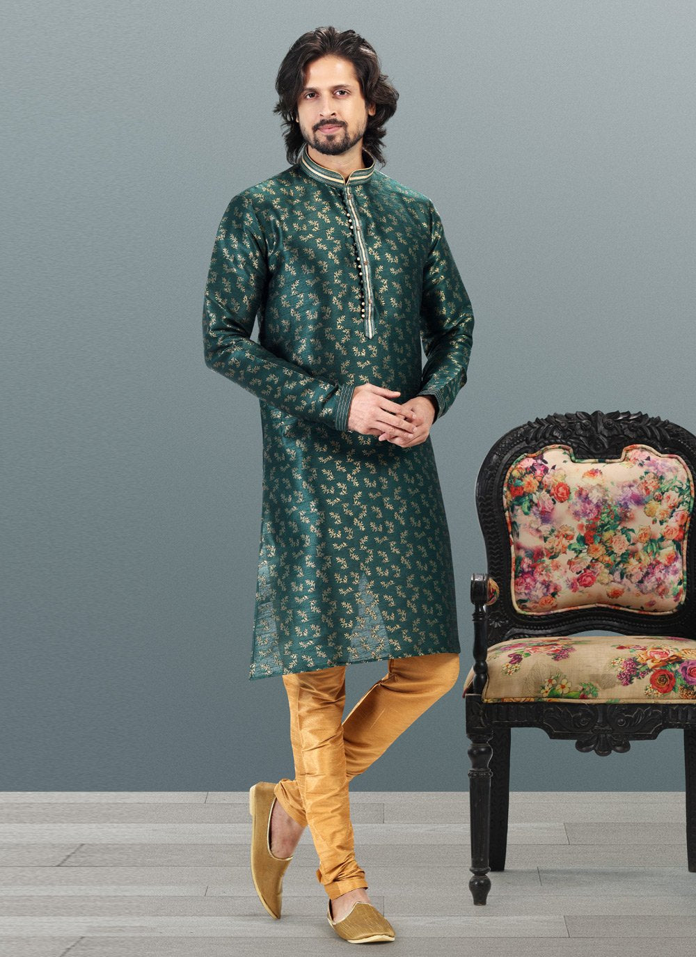 Kurta Pyjama Banarasi Silk Jacquard Green Fancy Work Mens