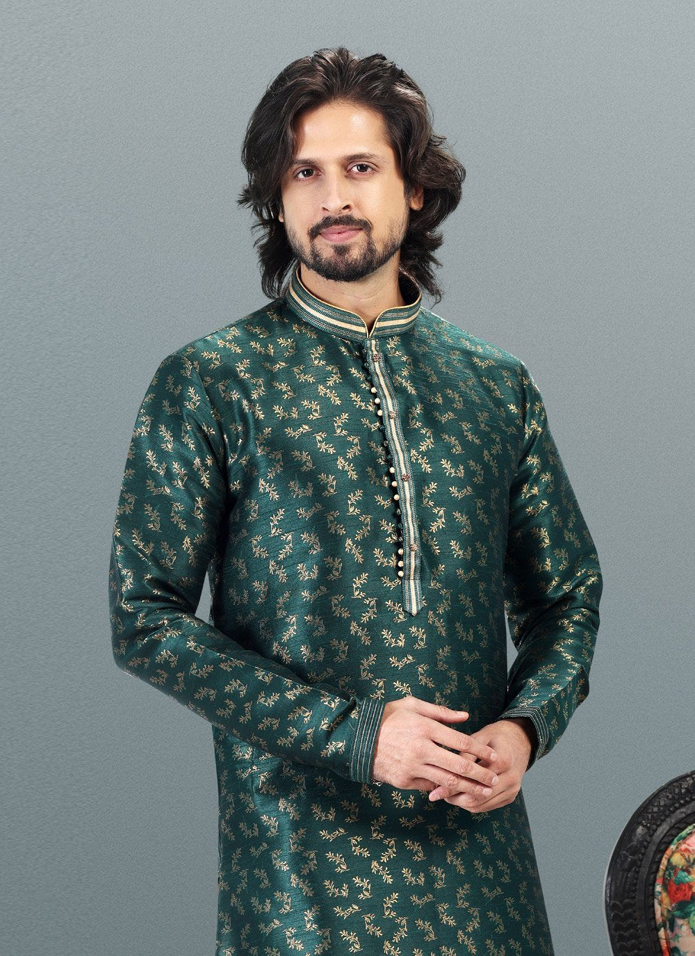 Kurta Pyjama Banarasi Silk Jacquard Green Fancy Work Mens