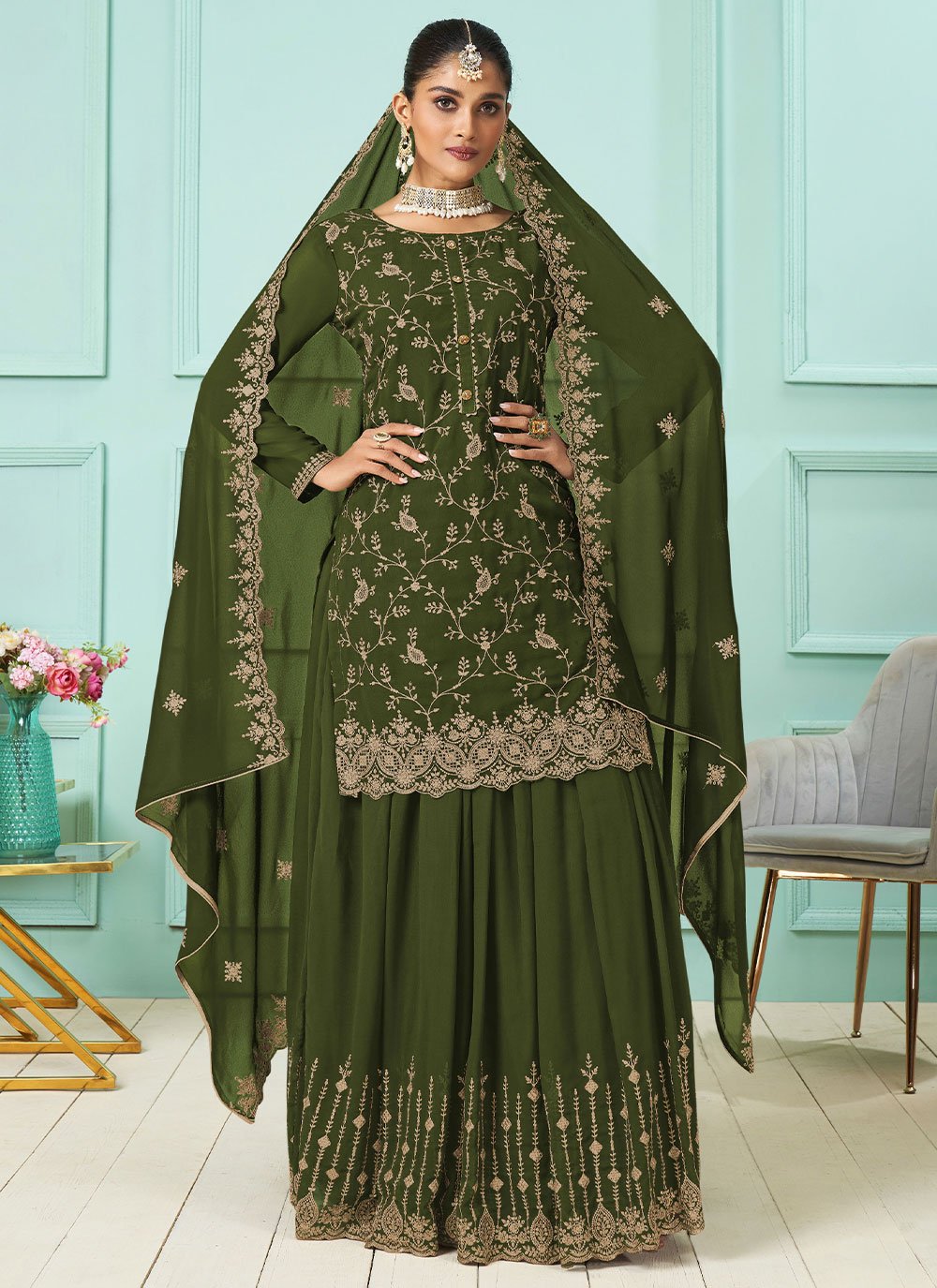 Lehenga Choli Faux Georgette Green Embroidered Lehenga Choli