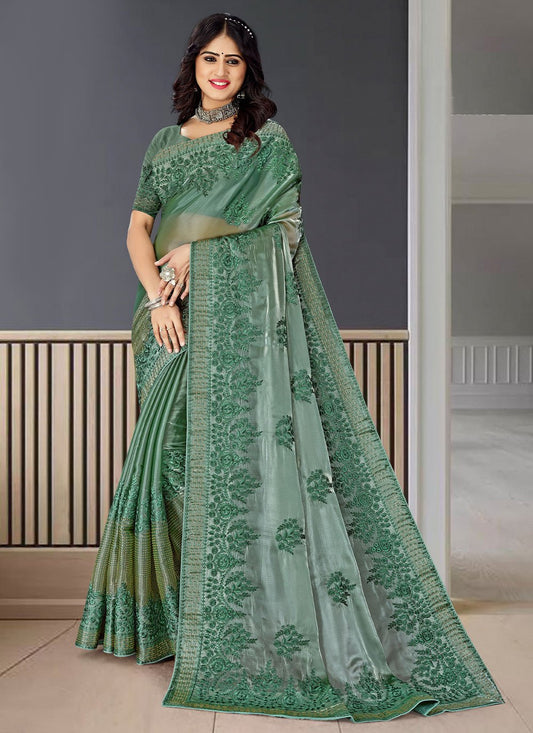 Contemporary Fancy Fabric Green Embroidered Saree