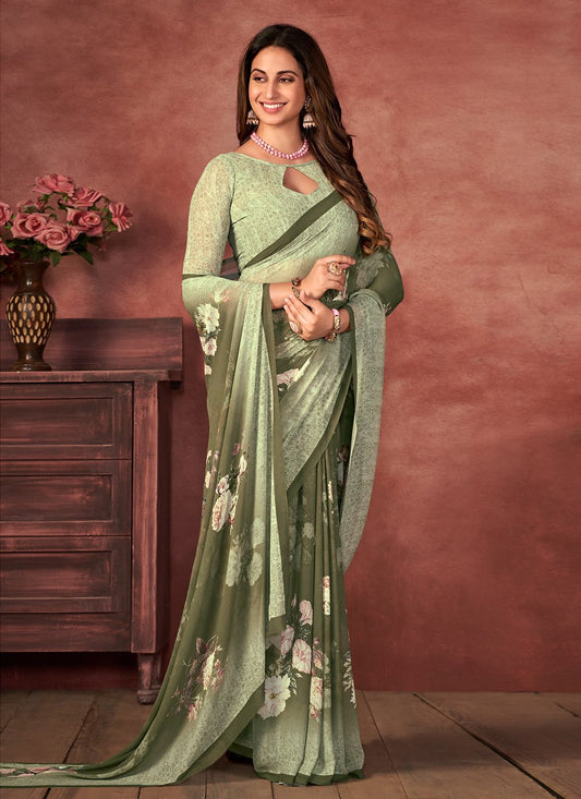 Designer Fancy Fabric Green Digital Print Saree