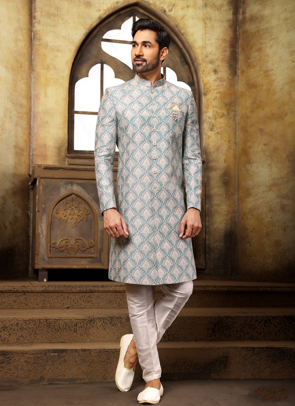 Indo Western Sherwani Fancy Fabric Green Digital Print Mens