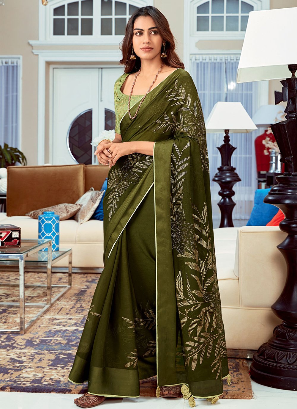 Trendy Saree Fancy Fabric Green Foil Print Saree