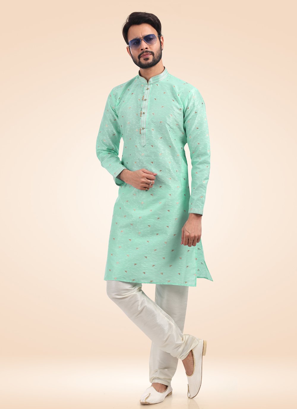 Kurta Pyjama Banarasi Jacquard Green Fancy Work Mens