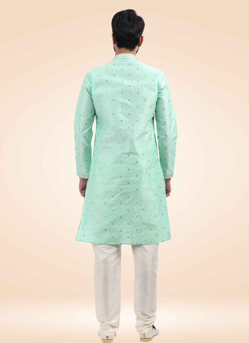 Kurta Pyjama Banarasi Jacquard Green Fancy Work Mens