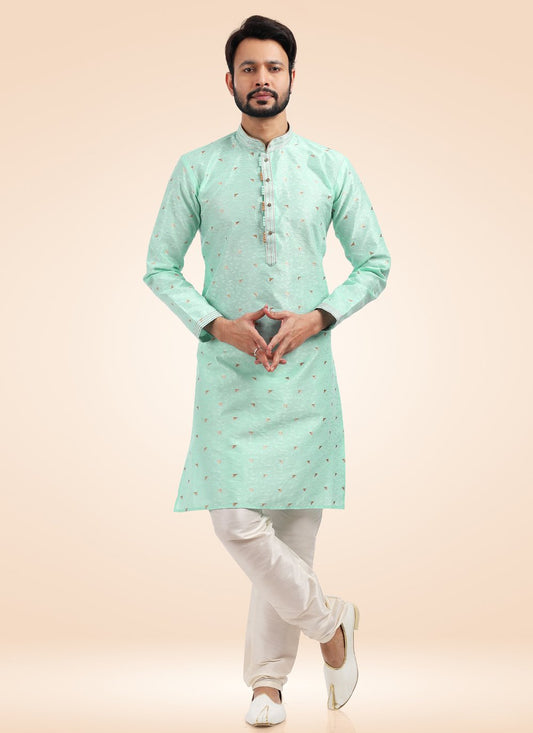 Kurta Pyjama Banarasi Jacquard Green Fancy Work Mens