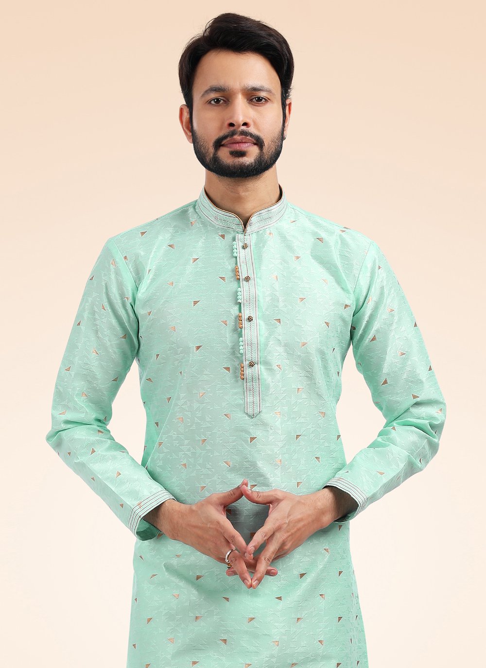 Kurta Pyjama Banarasi Jacquard Green Fancy Work Mens