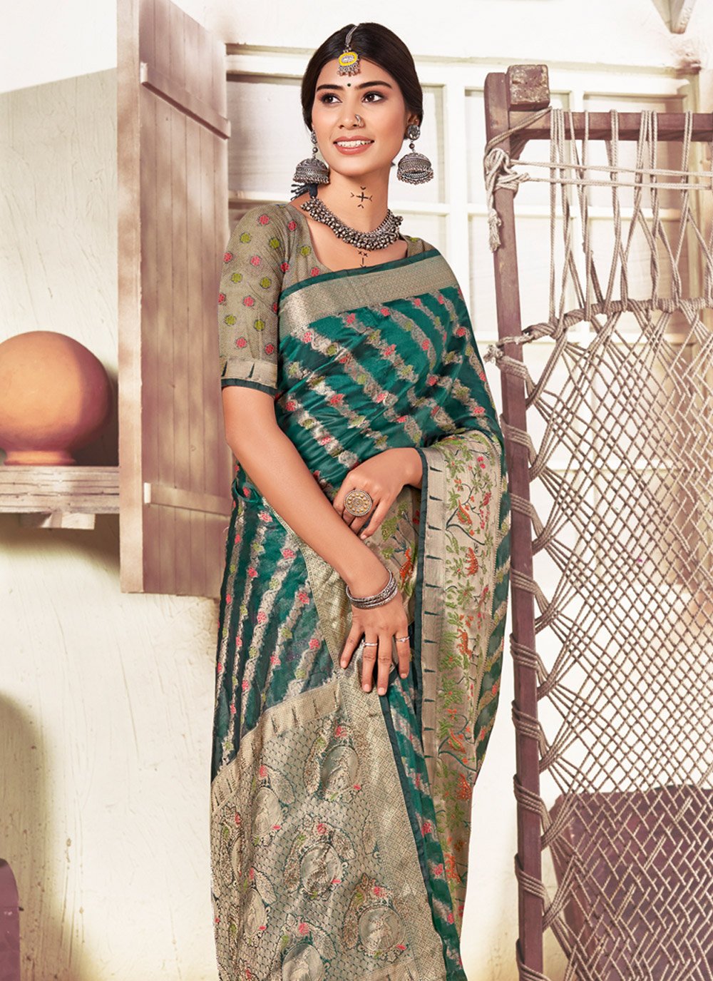 Trendy Saree Organza Green Fancy Work Saree