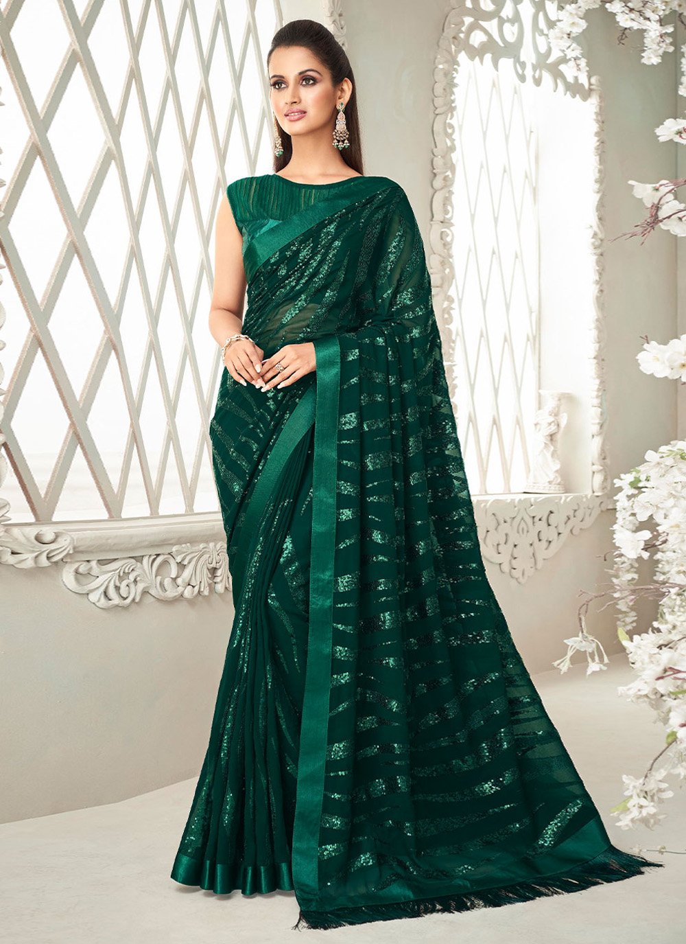 Trendy Saree Georgette Green Fancy Work Saree