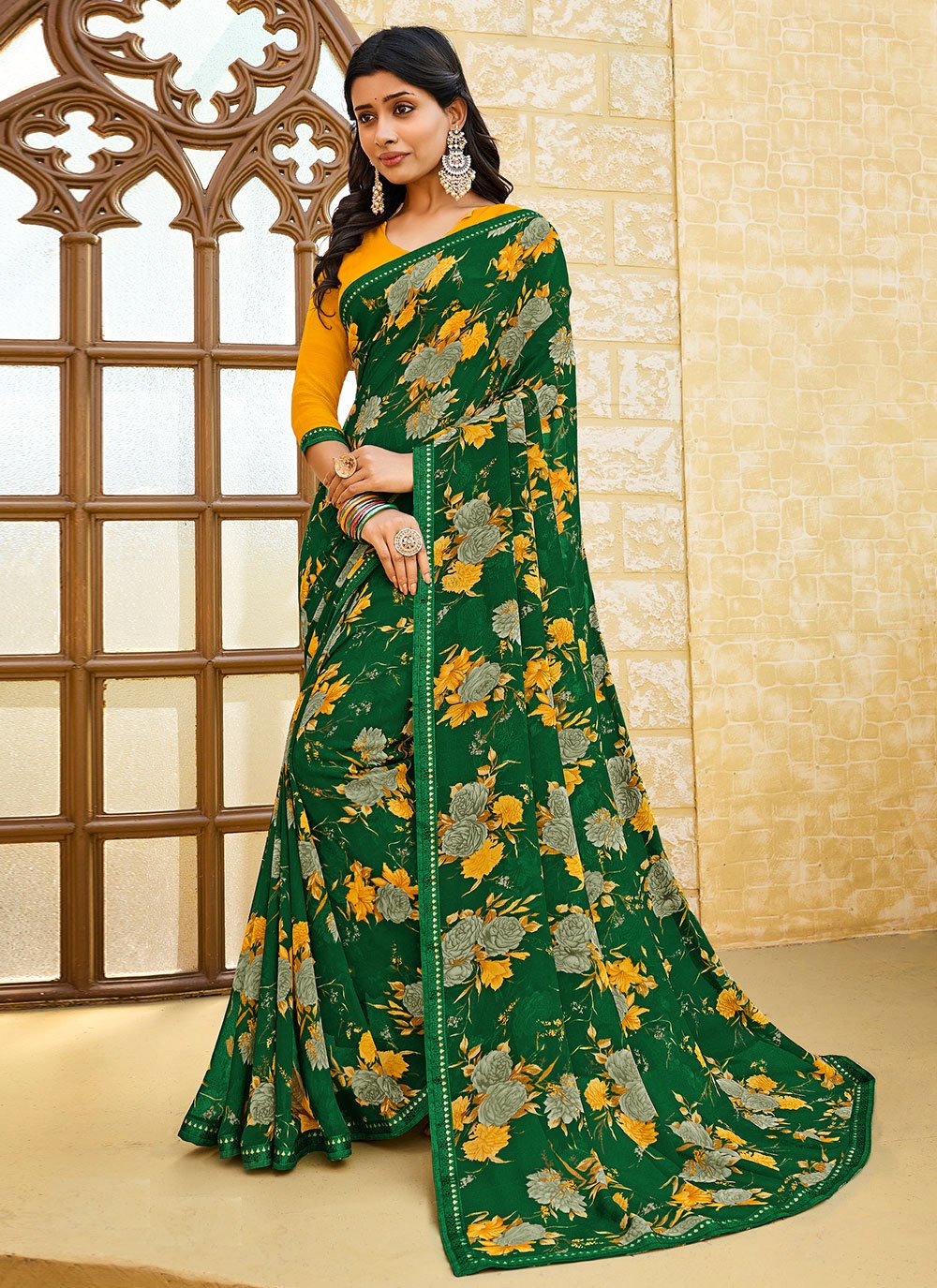 Trendy Saree Georgette Green Fancy Work Saree