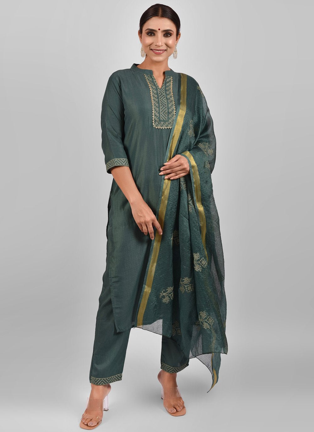 Pant Style Suit Fancy Fabric Green Fancy Work Salwar Kameez