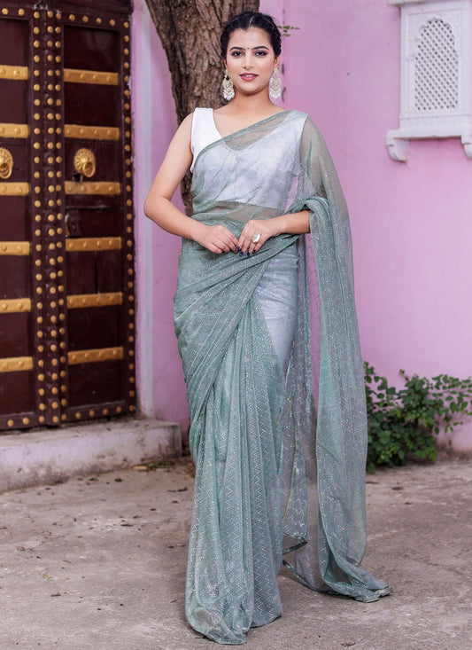 Classic Net Green Fancy Work Saree