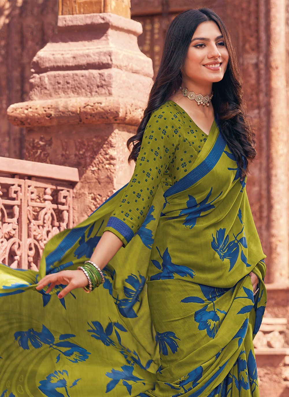 Classic Faux Crepe Green Print Saree