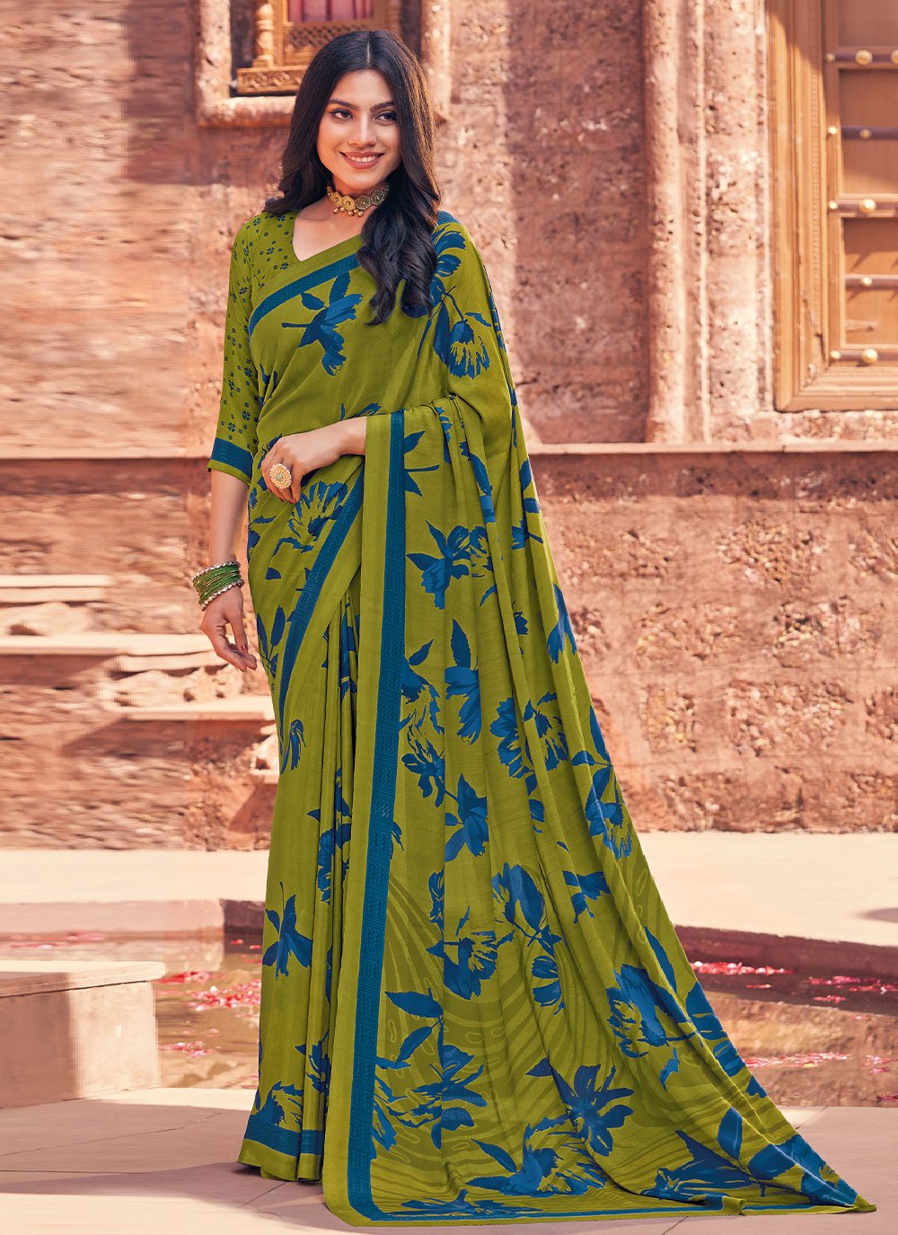 Classic Faux Crepe Green Print Saree