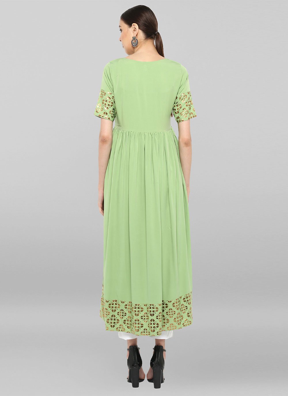 Party Wear Kurti Faux Crepe Green Foil Print Kurtis