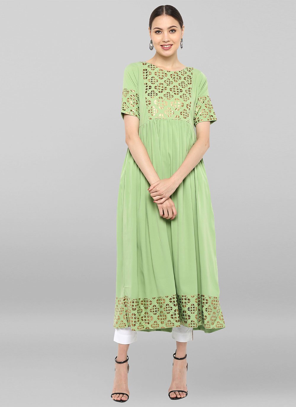 Party Wear Kurti Faux Crepe Green Foil Print Kurtis