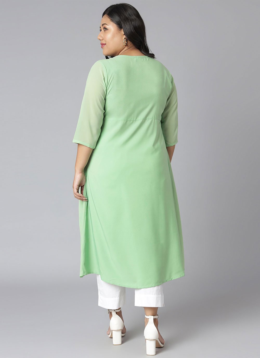 Casual Kurti Faux Crepe Green Floral Patch Kurtis