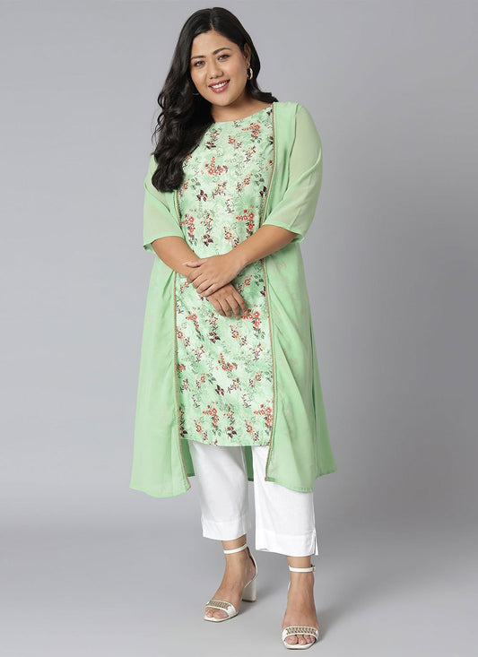 Casual Kurti Faux Crepe Green Floral Patch Kurtis