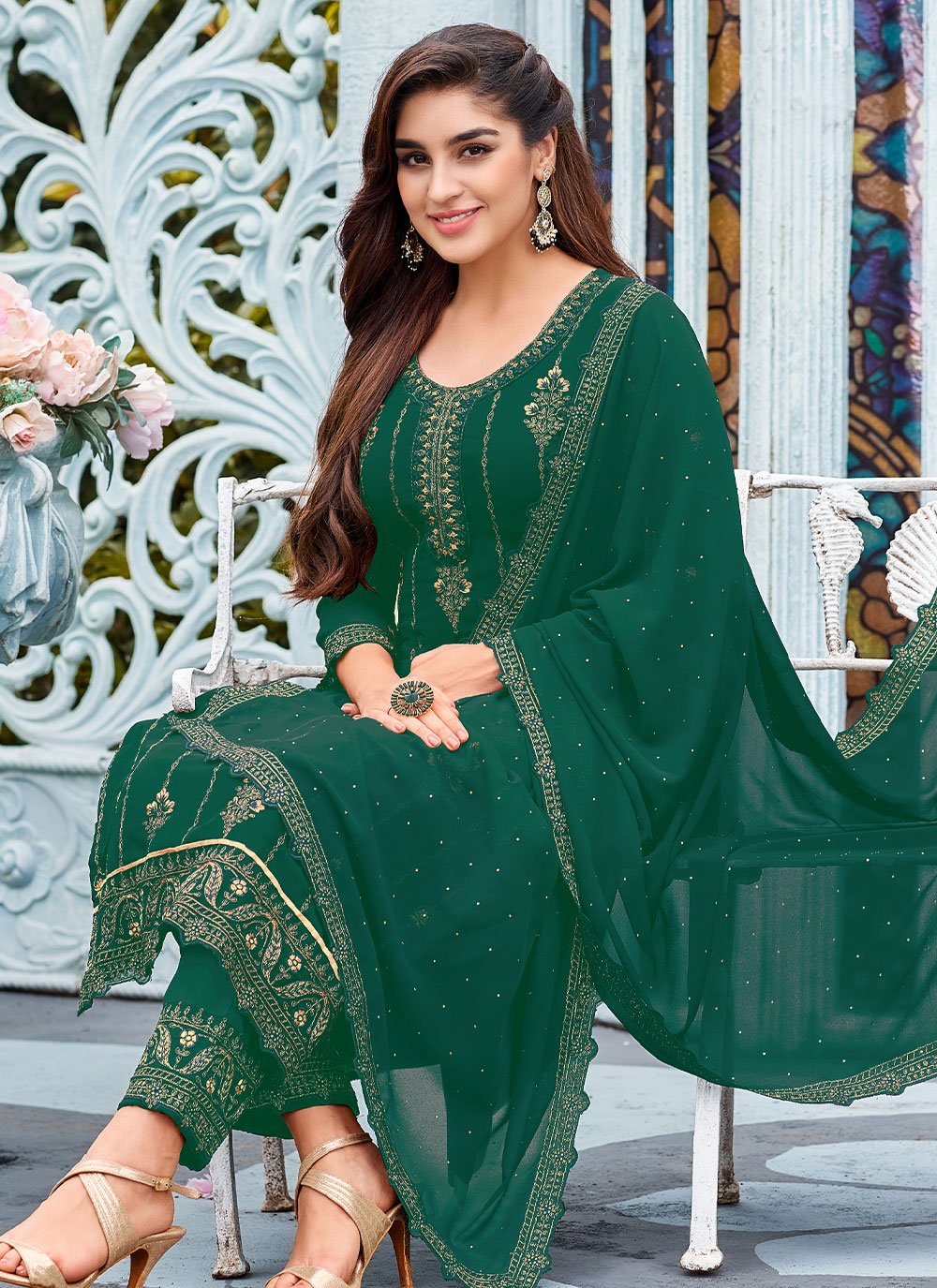 Pant Style Suit Faux Georgette Green Embroidered Salwar Kameez