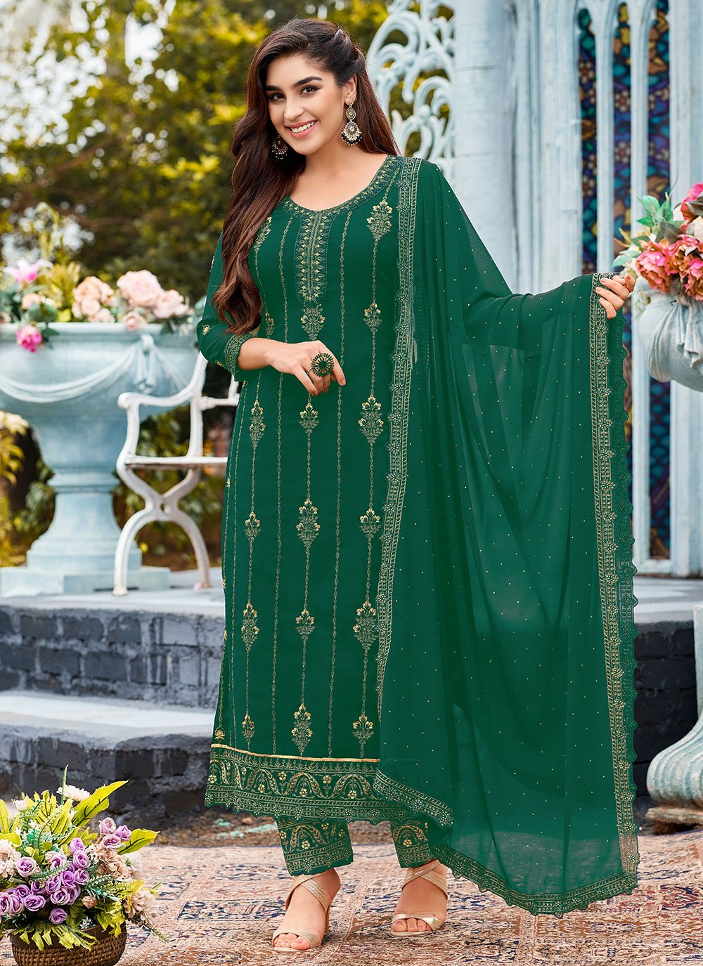 Pant Style Suit Faux Georgette Green Embroidered Salwar Kameez