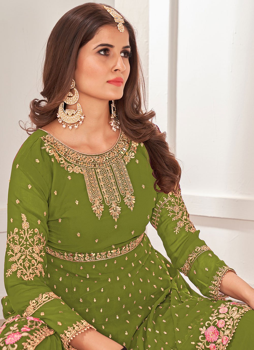 Salwar Suit Faux Georgette Green Embroidered Salwar Kameez