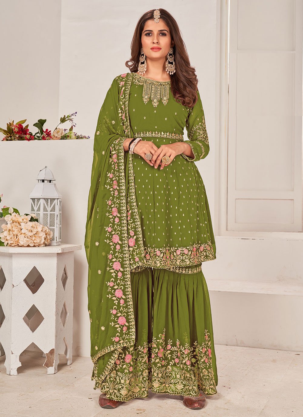 Salwar Suit Faux Georgette Green Embroidered Salwar Kameez