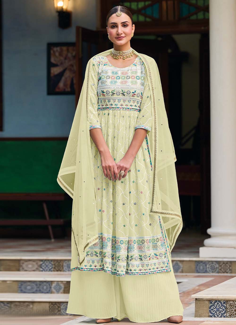 Palazzo Salwar Suit Faux Georgette Green Embroidered Salwar Kameez