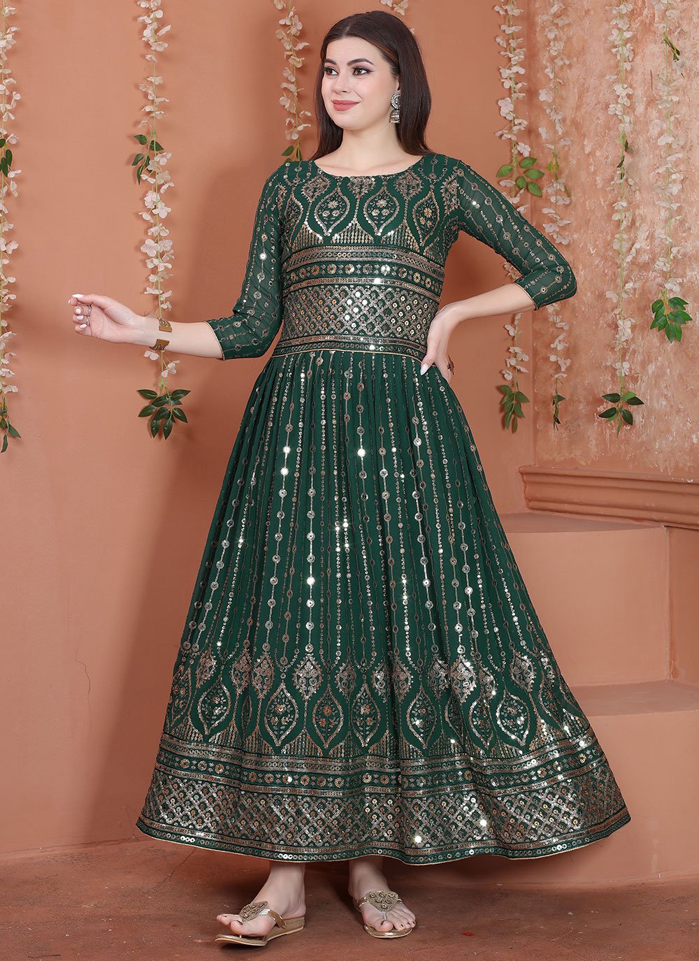 Gown Faux Georgette Green Sequins Gown