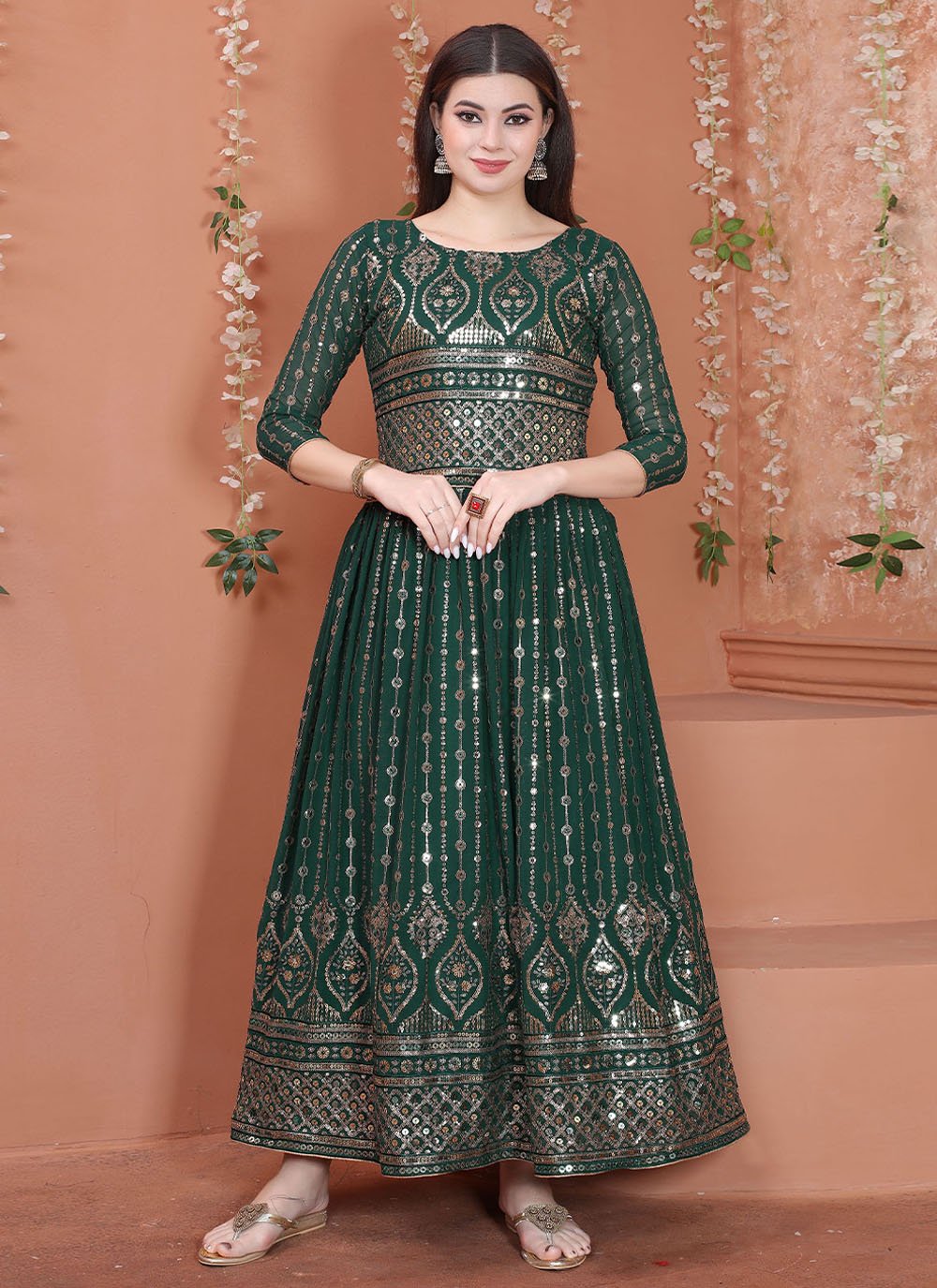 Gown Faux Georgette Green Sequins Gown