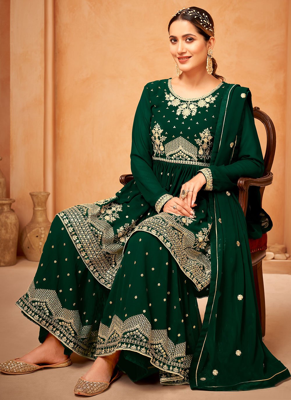 Sharara Set Faux Georgette Green Embroidered Salwar Kameez