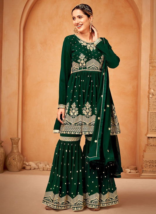 Sharara Set Faux Georgette Green Embroidered Salwar Kameez