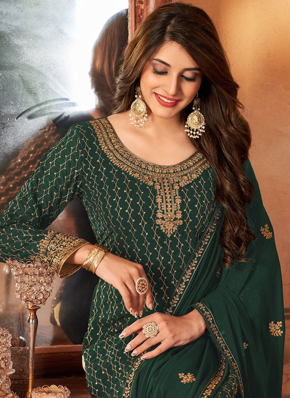 Straight Salwar Suit Faux Georgette Green Embroidered Salwar Kameez