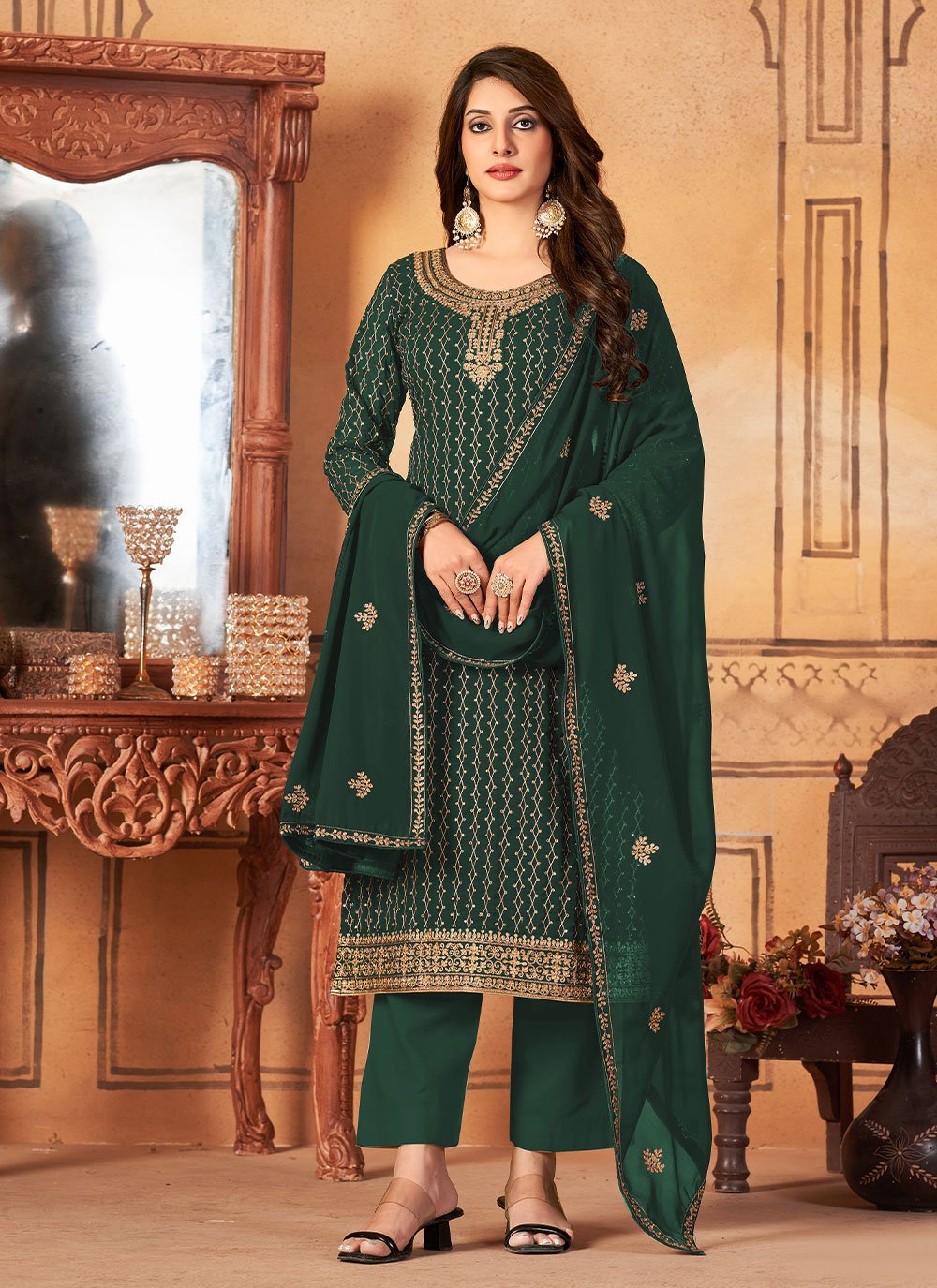 Straight Salwar Suit Faux Georgette Green Embroidered Salwar Kameez