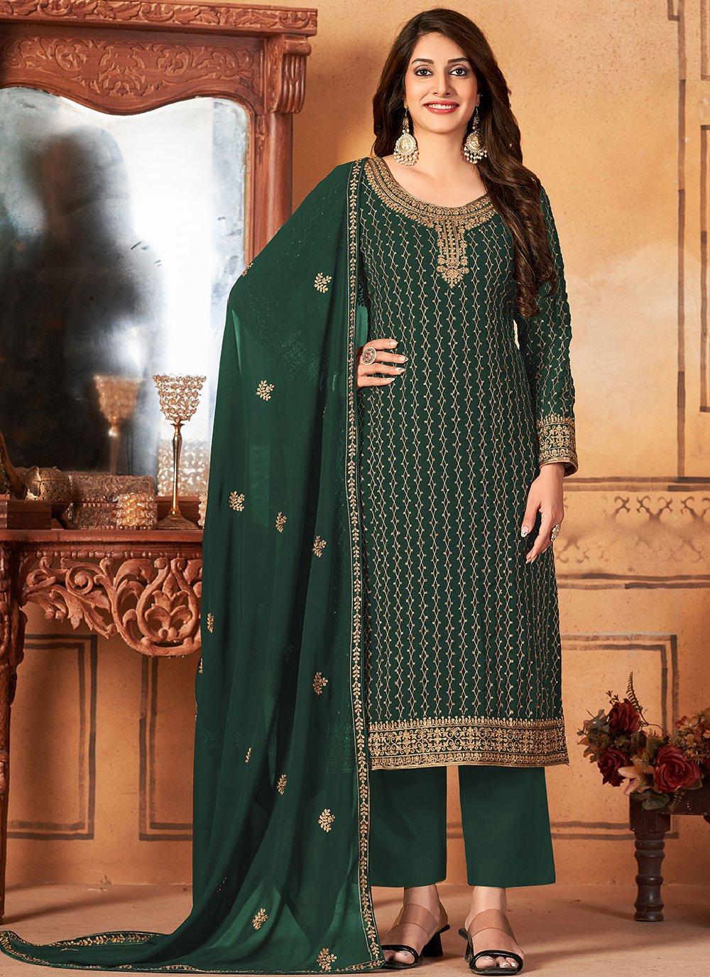 Straight Salwar Suit Faux Georgette Green Embroidered Salwar Kameez