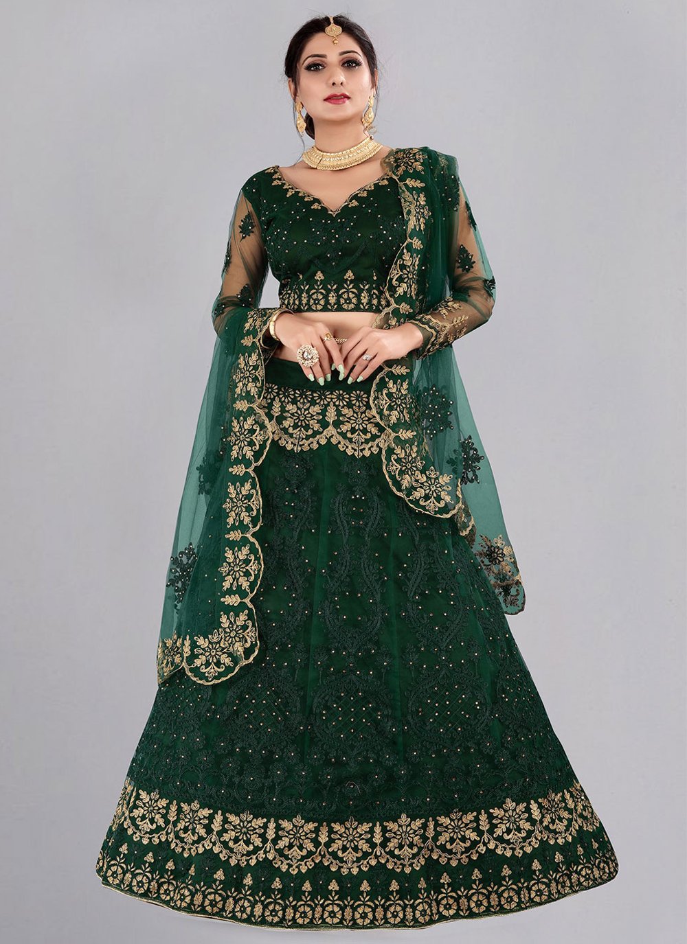 A Line Lehenga Net Green Embroidered Lehenga Choli