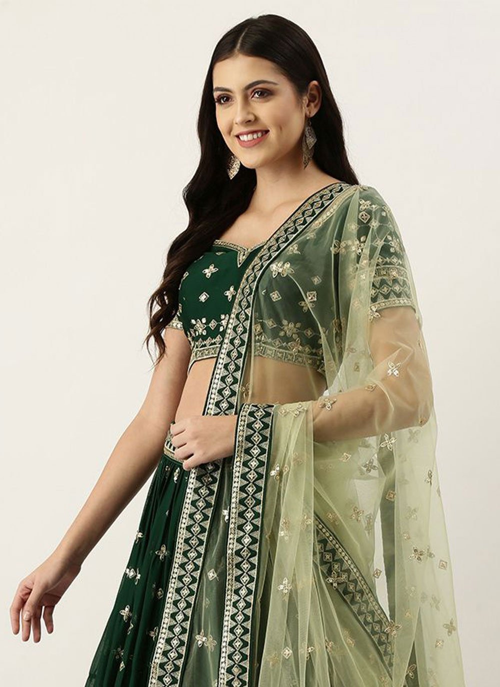 A Line Lehenga Georgette Green Embroidered Lehenga Choli