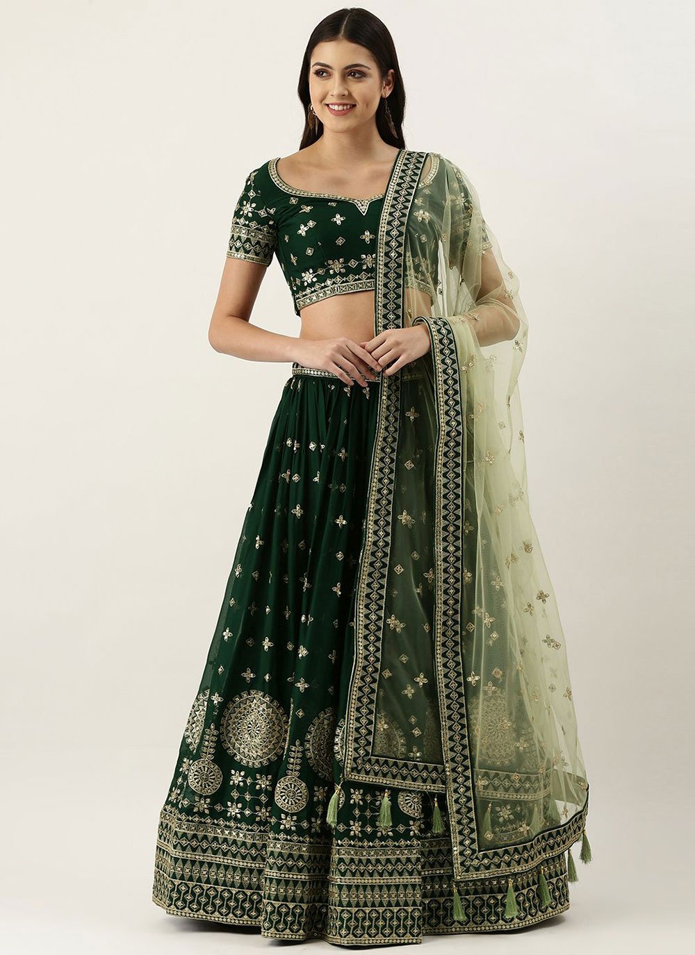 A Line Lehenga Georgette Green Embroidered Lehenga Choli